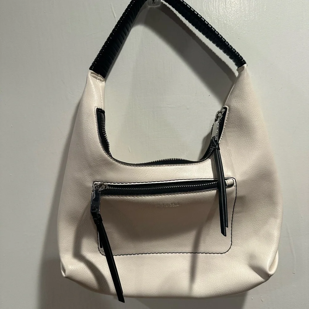 Calvin Klein White and Black Hobo Bag